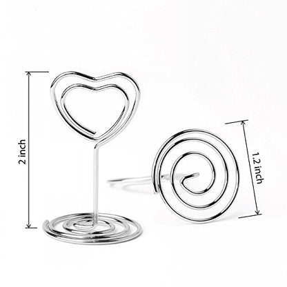 Jofefe 20pcs Mini Place Card Holder, Table Number Holders, Table Card Holders, Table Number Stands, Wire Table Picture Photo Holder Menu Clips for Wedding Favors with Heart Shaped (Silver) - color: Silver