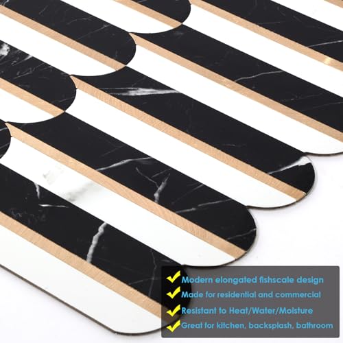 10-Sheet Fish Scale Peel and Stick Backsplash for Kitchen Wall Tiles,12 inches Black Clara Stone Mixed Metal Gold 3D PVC Wall Tile Stick on Backsplash for Kitchen and Bathroom - color: Black Clara Stone Mixed Metal Gold