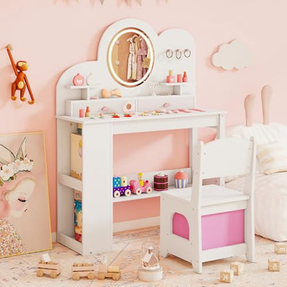 Costzon Kids Vanity, Girls Vanity Set with Lighted Mirror, Bookshelf, Drawers, Hooks & Storage Shelves, Toddler Makeup Vanity Desk Dressing Table, Wooden Kids Vanity Table and Chair Set (White) - style: White with Bookshelf
