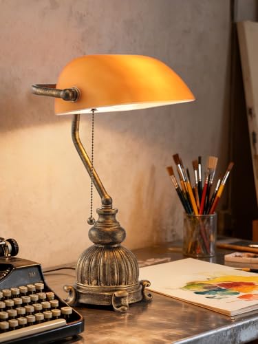 Retro Amber Glass Bankers Desk Lamp with Pull Chain Switch for Home Office, Library, Plug in Fixture, LED Bulb Included - color: Antique+Amber1