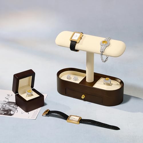Oirlv Jewelry Organizer Display Stand, 2-in-1 Watch Holder with Hidden Drawer & Storage Tray, Solid Wood Jewelry Storage Rack, Beige - color: Dark White, size: Option 2 with drawer