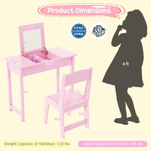 Costzon Kids Vanity, 2 in 1 Girls Vanity Set with Flip Top Mirror, Hidden Storage Space, Wooden Toddler Makeup Vanity Desk Dressing Table, Kids Vanity Table and Chair Set (Pink) - style: Pink with Flip Top Mirror