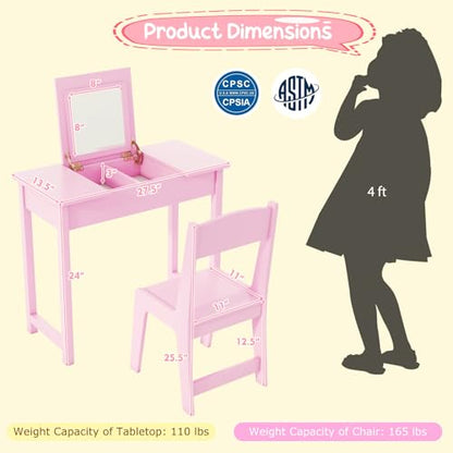 Costzon Kids Vanity, 2 in 1 Girls Vanity Set with Flip Top Mirror, Hidden Storage Space, Wooden Toddler Makeup Vanity Desk Dressing Table, Kids Vanity Table and Chair Set (Pink) - style: Pink with Flip Top Mirror