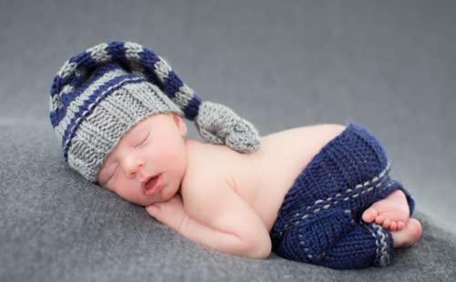 Newborn Baby Photo Shoot Props Girl Boy Crochet Knit Hat Costume Stripe Hat Pants Overalls Photography Props - color: Multicolor