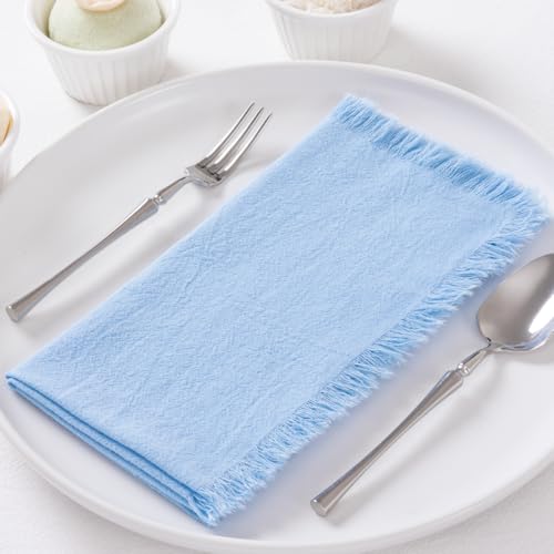 DeZerlor 6 Pack Baby Blue Cotton Linen Napkins with Fringe Summer Cloth Napkins Set of 6 Boho Handmade Dinner Napkins Bulk for Wedding Bridal Baby Shower Parties, 17 x 17 Inches - color: Sky Blue, size: 17" x 17" (Set of 6)