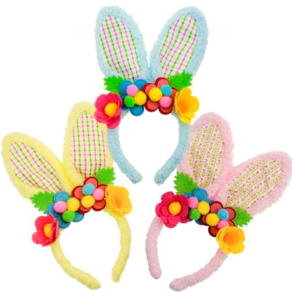 3 Pack Luxurious Easter Bunny Ears Headband Cute Plush Rabbit Ears for Kids Adult Cosplay Birthday Party Supplies - color: 3pcs Headband With Flowers-4
