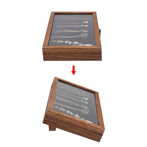 MOOCA Tempered-Glass Top Wooden Jewelry Display Case with Removable Base, Black Luxurious Velvet Jewelry Display Pad & 20 Removable Pins, Deeper 2.2" Design for Collectibles, Brown Color