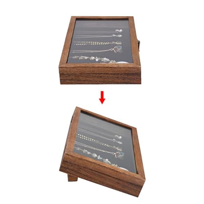 MOOCA Tempered-Glass Top Wooden Jewelry Display Case with Removable Base, Black Luxurious Velvet Jewelry Display Pad & 20 Removable Pins, Deeper 2.2" Design for Collectibles, Brown Color