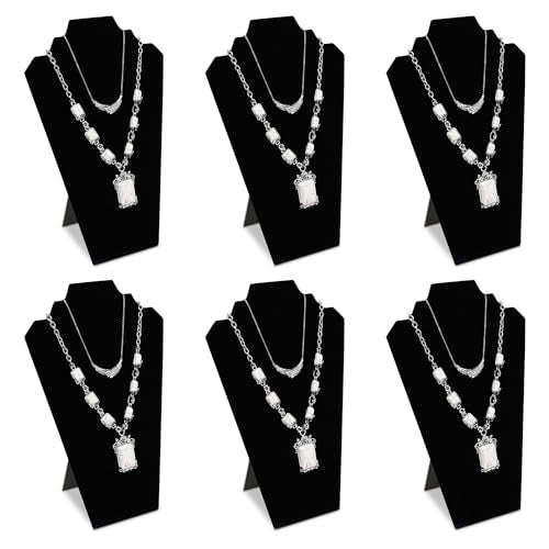 MOOCA 6 Pcs Velvet Covered MDF Wood with Cardboard Easel Multiple Necklace Display, 8 1/2 "W x 3" D x 12 1/2 "H Inches, Black Color - color: Black Velvet