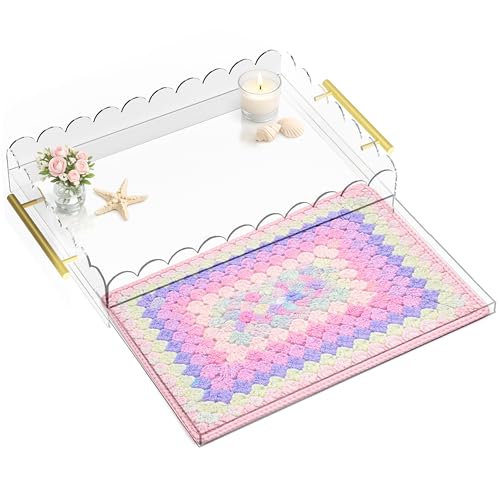 Scalloped Acrylic Tray, 16" x 12" Acrylic Trays for Needlepoint with Metal Handles and Pull-Out Drawer for Photos, Art Prints, Postcards, Decorative Organizer Trays for Vanity & Home - size: 16" x 12" x 2.4"