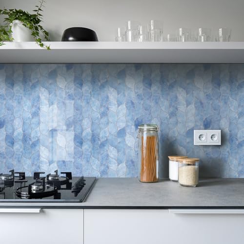 Tilingview 10-Sheet Peel and Stick Backsplash Tile for Kitchen, Self-Adhesive Mosaic Glossy Leaf Stick on Wall Tile with Gaps (Sky Blue) - color: Leaf Gaps Sky Blue
