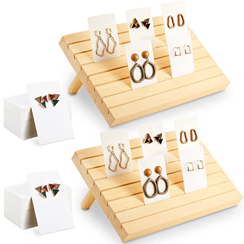Marsui 62 Pcs Wood Earring Display Stand Earring Card Display 2 Sets of Holder with Cards Jewelry Stands for Selling - color: Wood Color