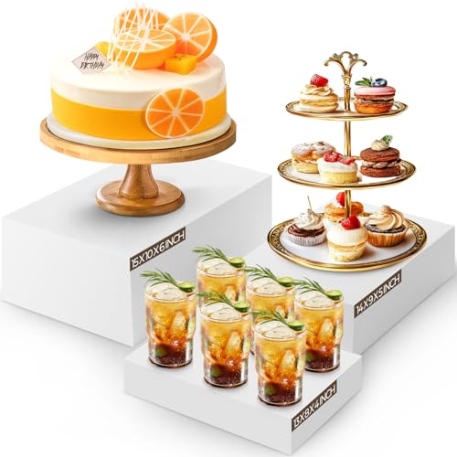 3 Pack Extra Large Acrylic Buffet Risers - 15”, 14”, 13” White Display Stands with Hollow Bottoms, Cube Riser Boxes Nesting for Dessert Food Catering Buffet Display Party Supplies - color: White, size: 15”,14”,13”