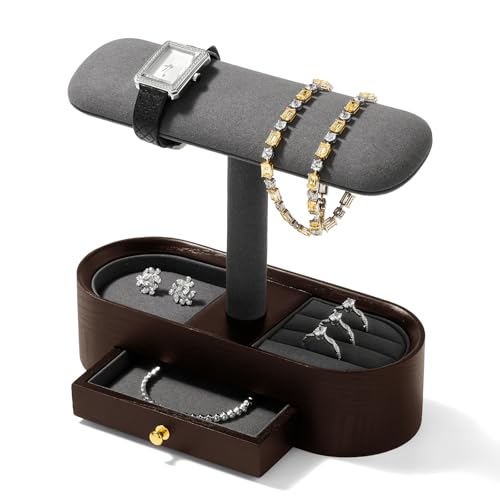Oirlv Jewelry Organizer Display Stand, 2-in-1 Watch Holder with Hidden Drawer & Storage Tray, Solid Wood Jewelry Storage Rack, Grey - color: Dark Grey, size: Option 2 with drawer