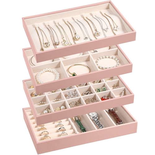 LANDICI Stackable Jewelry Organizer Trays 4 Set,PU Leather Jewelry Organizer Drawer,Jewelry Storage Display Tray for Earring Necklace Rings Bracelet with Removable Dividers,Pink - color: Pink