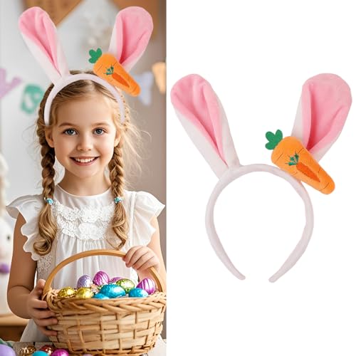 Ecuupas Easter Bunny Headbands,Pink Rabbit Ear Hairbands for Women,Orange Carrot Hair Hoop,Non-Slip Headwear Girl Hair Accessories for Easter,Makeup Cosplay Party
