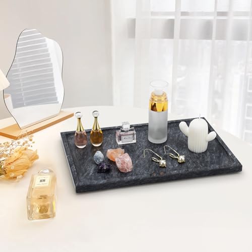 Real Luxurious Natural Black Marble Tray - 12x8 Inch Marble Vanity Tray for Perfume Display, Jewelry Organizer, Bathroom & Home Decor -Heavy Duty Non-Slip Stone Tray (Non-Resin/Non-Ceramic) - color: Black