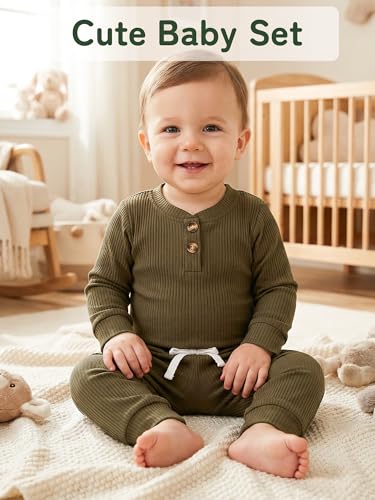 Hikido Newborn Baby Boy Girl Clothes Infant Ribbed Romper Cotton Long Sleeve Pant Sets for 0~18M Infant - color: Olive Green, size: 3-6 Months