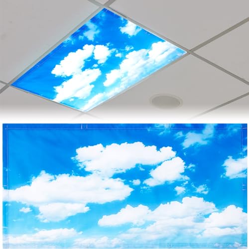 Patelai 4 x 2 Feet Fabric Fluorescent Light Cover for Ceiling Classroom Magnetic Cubicle Shade with 10 Magnets Fluorescent Light Filters for School Home Office Drop Lamp Decor(Blue Sky) - style: Blue Sky