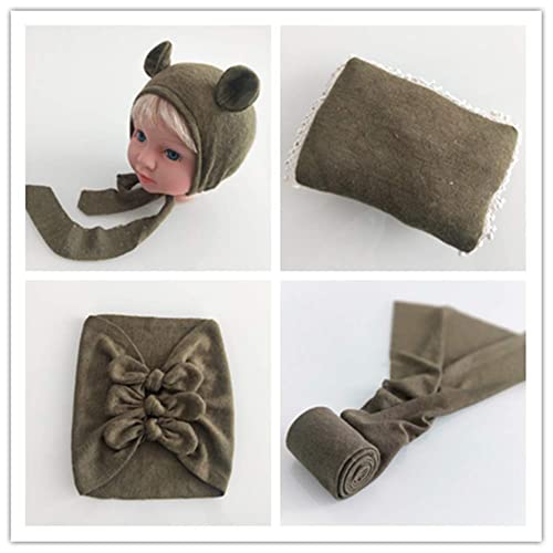 Newborn Baby Boy Girl Photography Props Bow Wrap, Posing Aid, Hat and Blanket Set of 4 Pcs - color: Green