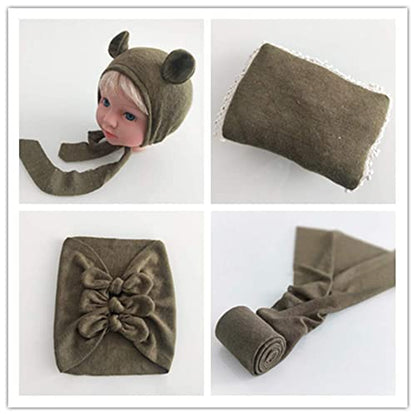 Newborn Baby Boy Girl Photography Props Bow Wrap, Posing Aid, Hat and Blanket Set of 4 Pcs - color: Green
