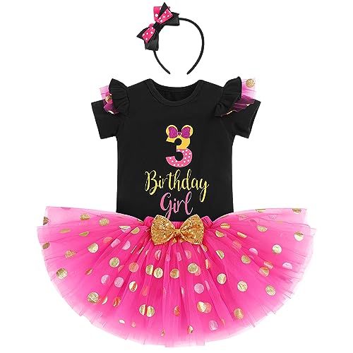 IBTOM CASTLE Cake Smash Half 1st 2nd 3rd Birthday Girl Princess Polka Dots Ruffle Skirt Set ONE Party Costume Headband - color: Rose+black-3rd, size: 3T