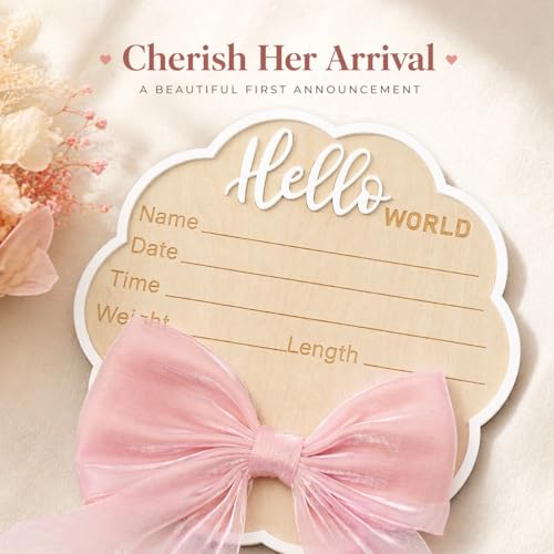 Flower-Shaped Newborn Announcement Sign for Baby Girl, Wooden Hello World Birth Stats Board with Pink Bow, Hospital Photo Prop, Baby Name Keepsake - color: Pink Bow
