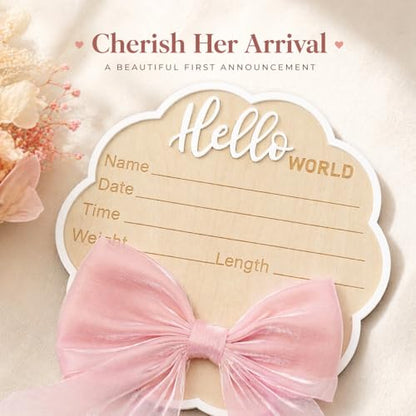 Flower-Shaped Newborn Announcement Sign for Baby Girl, Wooden Hello World Birth Stats Board with Pink Bow, Hospital Photo Prop, Baby Name Keepsake - color: Pink Bow