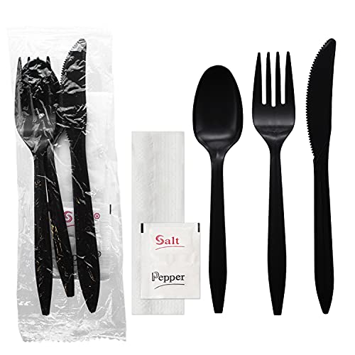 Party Essentials Individually Wrapped Plastic Cutlery Packets/Silverware Kits, Black Fork/Spoon/Knife/Napkin/Salt/Pepper, 50 Sets - color: Black Fork/ Spoon/ Knife/ Napkin/ Salt/ Pepper, size: 50 Sets