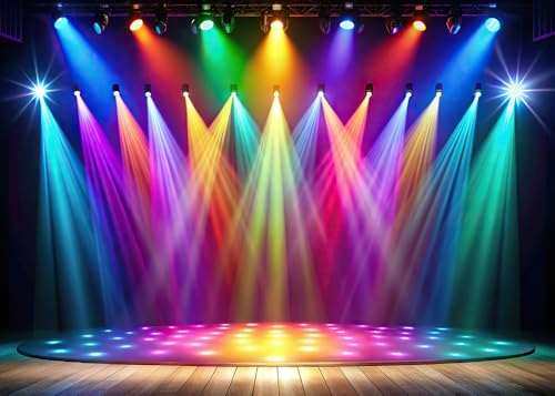 7x5FT Rainbow Stage Photography Backdrop1980s Colorful Disco Backdrop Rock Music Glow Neon Dance Birthday Party Decorations Backdrop