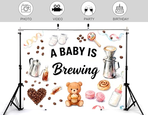 10x7ft A Baby is Brewing Backdrop Sweet Croissant Coffee Beans Cute Bear Baking Theme Feeding Bottle Newborn Cake Smash Brown Baby Shower Decorations Photography Background Photo Studio Props - size: 10x7ft