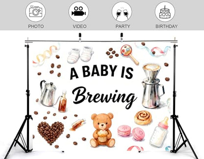 8x8ft A Baby is Brewing Backdrop Sweet Croissant Coffee Beans Cute Bear Baking Theme Feeding Bottle Newborn Cake Smash Brown Baby Shower Decorations Photography Background Photo Studio Props - size: 8x8ft