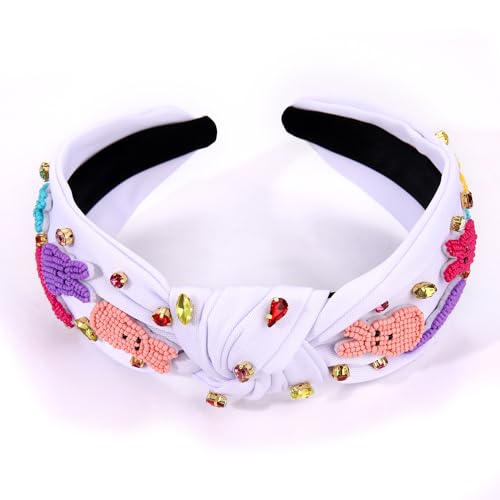 NVENF Easter Headband for Women Beaded Rabbit Bunny Headband White Pink Crystal Pearl Knotted Headbands Happy Easter Hair Accessories Spring Holiday Headwear Outfits Gifts (Bunny E-White) - color: Bunny E-White