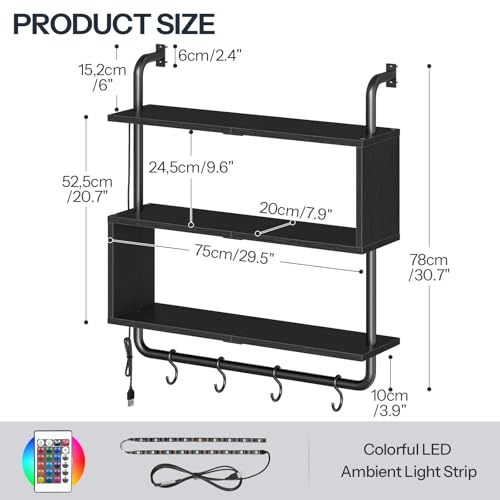 HOOBRO Floating Shelves with LED Lights, 29.5" LED Wall Mounted Gaming Shelf, 3-Tier Pipe Display Rack with Hanging Rod and 4 S-Hooks, for Storage Livingroom, Bedroom, Kitchen, Black BB21DBJ01 - color: Black