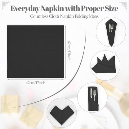 PLOYMONO Black Heavy Duty Polyester Napkins - 17 x 17 Inch Solid Washable Cloth Dinner Napkins - Set of 8 Napkins with Hemmed Edges - Great for Weddings, Parties, Banquets, Halloween, Thanksgiving - color: Black