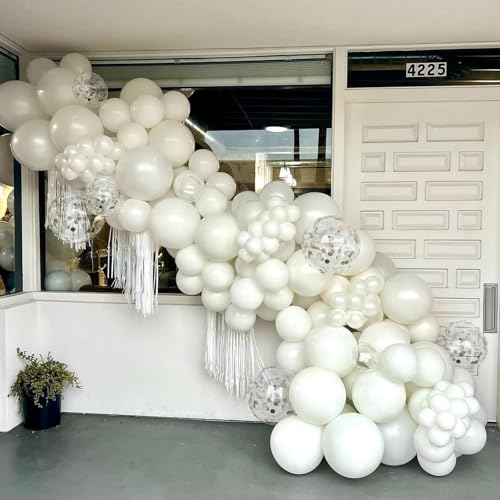 White Balloons, 12 Inch Pearl Pure White Ivory Latex Balloon with Silver Confetti Balloons for Boho Birthday Baby Shower Wedding Bachelorette Retirement Valentine’s Day Party Decorations - color: White Mixed