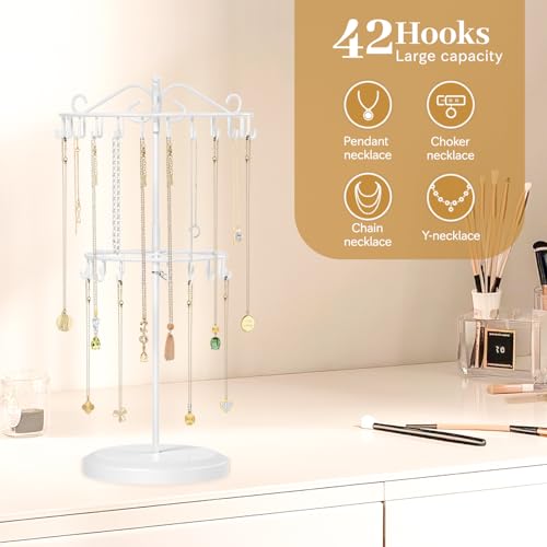 MODOWEY Rotating Necklace Holder Organizer Display Stand with 42 Hooks, 2 Tier Adjustable Metal Tree for Long Necklace Hanger Selling, Tall Spinning Bracelet Storage Rack for Men Women, White - color: White, size: 2 Tier