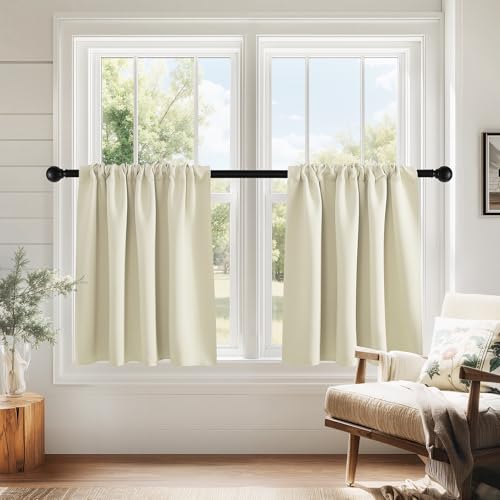 PONY DANCE Beige Kitchen Curtains 24 inch Long, Small Window Treatments Rod Pocket Energy Efficient Short Blackout Curtain Panels for Rv Camper, 29-inch Wide by 24 Long, Light Beige, 2 Pieces - color: Beige, size: 29"W x 24"L (Pack of 2)