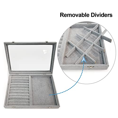 Ice Velvet Rings Organizer Box Mix 12 Grids Jewelry Tray Display Showcase with Clear Lid and Lock Grey - color: 12 Grids & 11 Slots