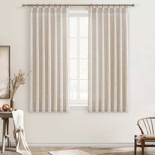 Pleated Natural Linen Kitchen Small Window 45 Inch Curtains Over Sink, Petty Light Filtering Pinch Pleat Cream Beige Sheer Mini Curtain 45 Inch Length 2 Panels Set for Cafe Laundry Room Back Tab Burg - color: Natural, size: 40"W x 45"L( Pack of 2)
