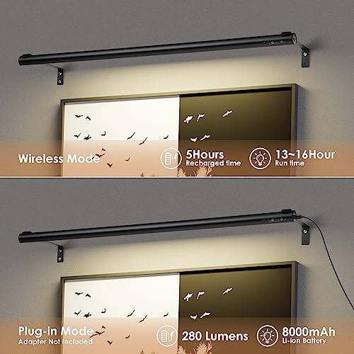 Battery Operated Wireless Picture Light，Rechargeable/Plugged in 31.5inch Painting Display Light,Remote Control Wall Lights with Three Modes and Timing for Art Frame (Black) - color: Black