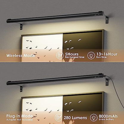 Battery Operated Wireless Picture Light，Rechargeable/Plugged in 31.5inch Painting Display Light,Remote Control Wall Lights with Three Modes and Timing for Art Frame (2 Black) - color: 2 Black