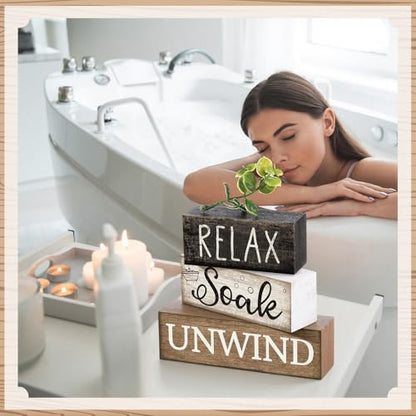 Moucuny 4 Pcs Bathroom Shelf Decor Sign Farmhouse Bathroom Decor and Accessories Rustic Eucalyptus Leaves Wood Block Sign Gift Relax Soak Unwind Farmhouse Table Centerpiece for Home Toilet - style: Bathroom Leaves