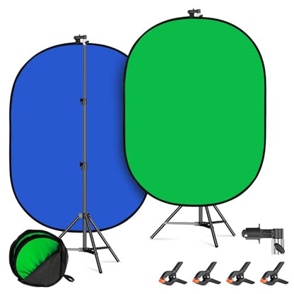 Soonpho 5x7ft/1.5x2m Collapsible Chromakey Backdrop, 2-in-1 Double-Sided Green and Blue Screen Panel Backdrop with 6.5ft/2m Light Stand, Reflector Clip and Clamps for Photo Studio Video Shooting
