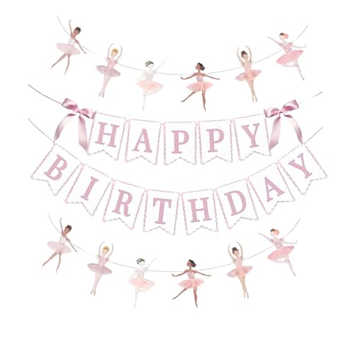 JENSENLIN Ballet Birthday Party Decorations Set,Pink Happy Birthday Banner with Ballerina Garland, Aesthetic Beauty Dance Theme Photo Props, 4 Pieces.