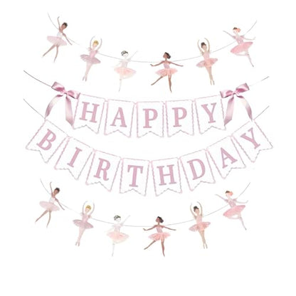 JENSENLIN Ballet Birthday Party Decorations Set,Pink Happy Birthday Banner with Ballerina Garland, Aesthetic Beauty Dance Theme Photo Props, 4 Pieces.