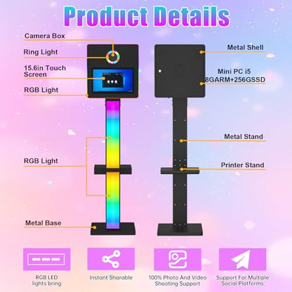 DSLR Photo Booth Built-in Mini PC and Flight Case Mirror Photo Booth with 15.6" Touch Screen RGB Lights App Control for Parties Weddings Event Rentals (Black+Printer) - color: Black+printer