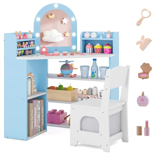Costzon Kids Vanity with Lights, Corner Vanity Desk with Mirror, Storage Shelves, Wooden Princess Toddler Makeup Dressing Table, Kids Vanity Table and Chair Set for Little Girls (Blue) - style: Blue with Corner Design