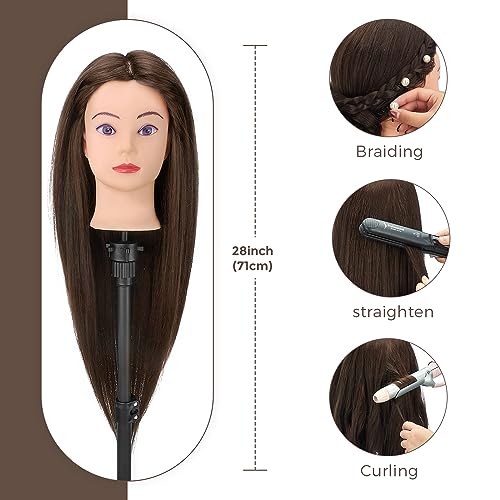 28" Mannequin Head with 80% Real Hair,Cosmetology Manikin Practice Doll Head,Braiding Head with Tripod Stand with Table Clamp + DIY Hair Styling Set #4 - color: Drak Brown#4