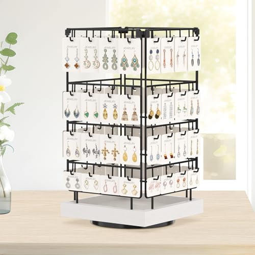 EsLuker.ly Rotating Earring Display Holder Stand for Vendors Events Selling, Large Capacity 64 Hooks Jewelry Rack with Wooden Base for Earring Card Sales, Enhances Retail Display Visibility - color: White+Black